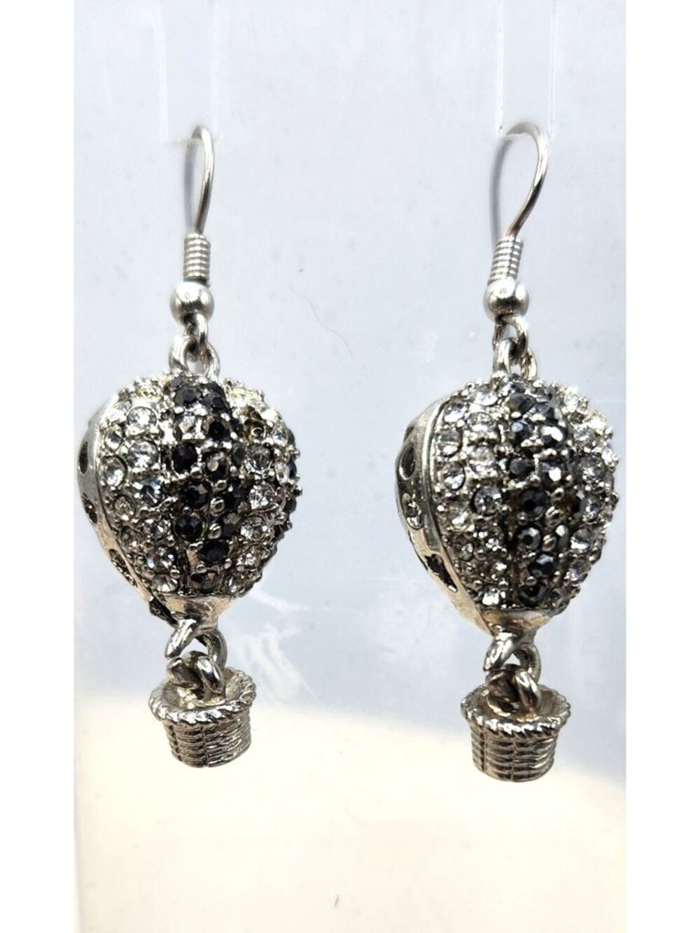 Silver Tone Dangle Hot Air Balloon Earrings With Black & Clear Rhinestones
